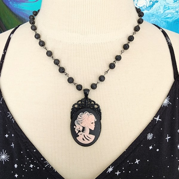 Pink Victorian Lady Skeleton Cameo pendant necklace, Goth, Gothic Jewelry, Punk Lolita, She Skull, Day of the Dead