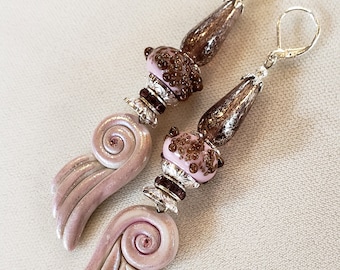 Artisan Polymer Clay Wing Earrings: Lampwork Glass, Czech Glass, Swarovski Crystal