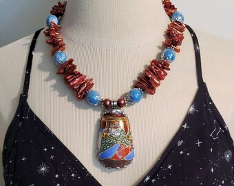 Stunning Antique porcelain Oriental Tea Cup pendant with freshwater Pearls and ceramic beads Necklace