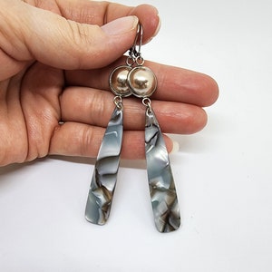 Faux beige Pearl and teal and gray Tortoise shell look acrylic Charm dangle Earrings, Lightweight Earrings