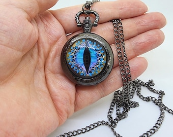 Turquoise Blue Dragon Eye Pocket Watch, Mythical, Steampunk Jewelry