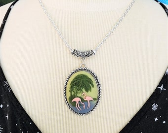 Pink Flamingos and Palm Trees Cameo pendant Necklace