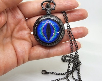 Blue Dragon Eye Pocket Watch, Mythical, Steampunk Jewelry