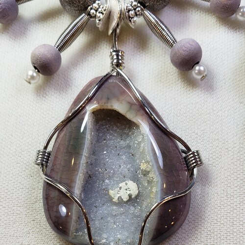 Gorgeous agate geode pendant, Wire wrapped pendant, Gray stone necklace, Geode necklace, shops Statement Necklace