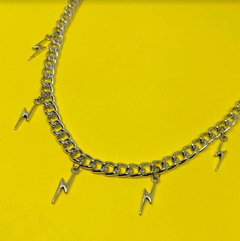 New Silver plated lightning bolt curb chain necklace