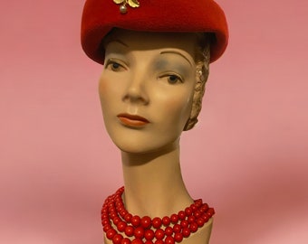 Vintage 1950s - 1960s Red Genuine Velour Eva Mae Modes Labeled Hat with Gold Leaf and Faux Pearl Accent