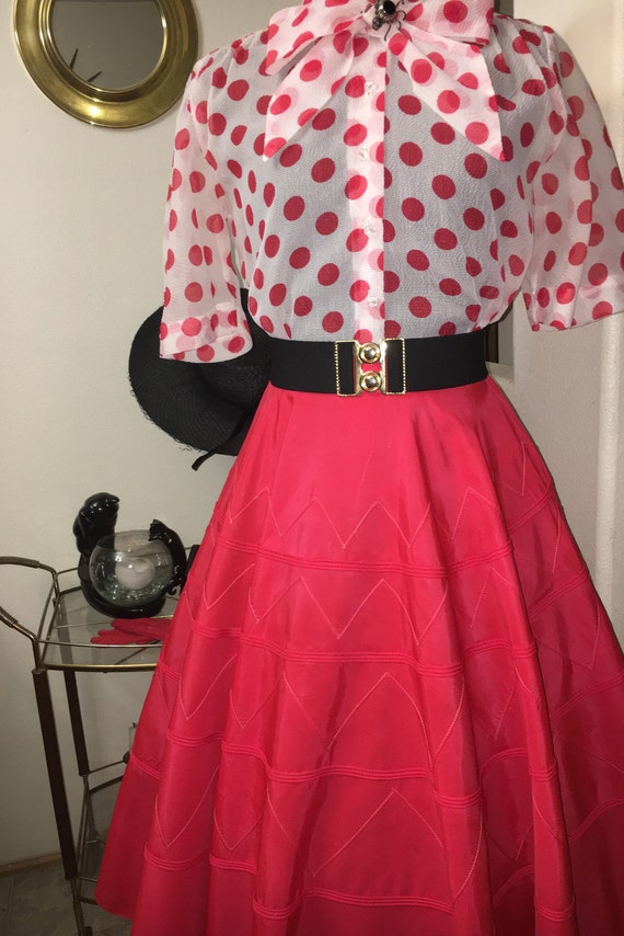 Vintage 1950s full red satin circle skirt labeled… - image 3