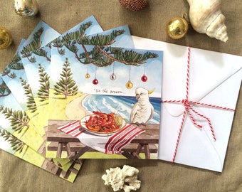 Australian Christmas cards pack of 5,"'Tis the season", Hand illustrated, Caroline Keys FREE SHIPPING