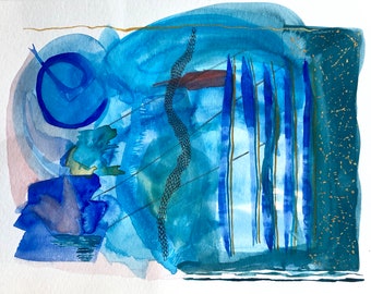 Abstract Watercolor Painting: Blue Gouache and Ink Art