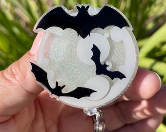 Moon Bat Badge Reel, Spooky Halloween Badge Reel, Glow in the Dark ID Badge, Halloween Gift for Coworker, Nurse Gift for Women Spooky Season