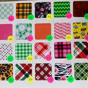May include: A chart with 60 different fabric patterns. The patterns are arranged in a grid of six rows and ten columns. The patterns include floral, plaid, polka dot, animal print, and geometric designs. Each pattern is labeled with a number from 41 to 60.