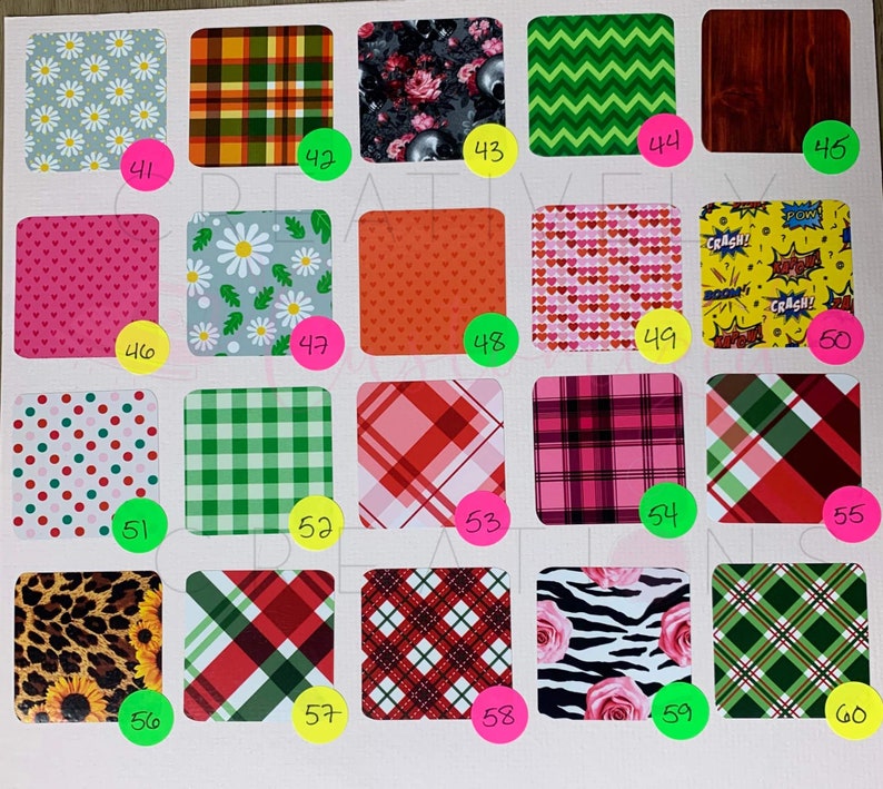 May include: A chart with 60 different fabric patterns. The patterns are arranged in a grid of six rows and ten columns. The patterns include floral, plaid, polka dot, animal print, and geometric designs. Each pattern is labeled with a number from 41 to 60.