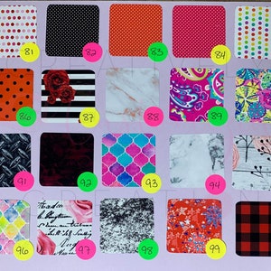 May include: A chart with 100 different patterns, each numbered. The patterns include polka dots, stripes, marble, paisley, floral, geometric, and more.