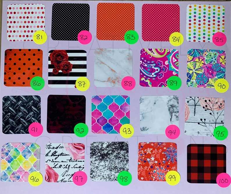 May include: A chart with 100 different patterns, each numbered. The patterns include polka dots, stripes, marble, paisley, floral, geometric, and more.