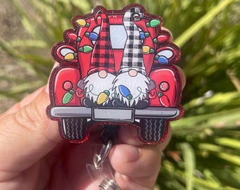 Christmas Gnome Truck, Christmas Gnome Badge Reel, Retractable Badge Reel Christmas, Nurse Christmas Gift, Gnome Lover Gift, ID Holder