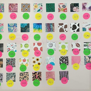 May include: A grid of 48 colorful squares, each with a different pattern. The squares are numbered from 111 to 148. The patterns include floral, geometric, animal print, and abstract designs.