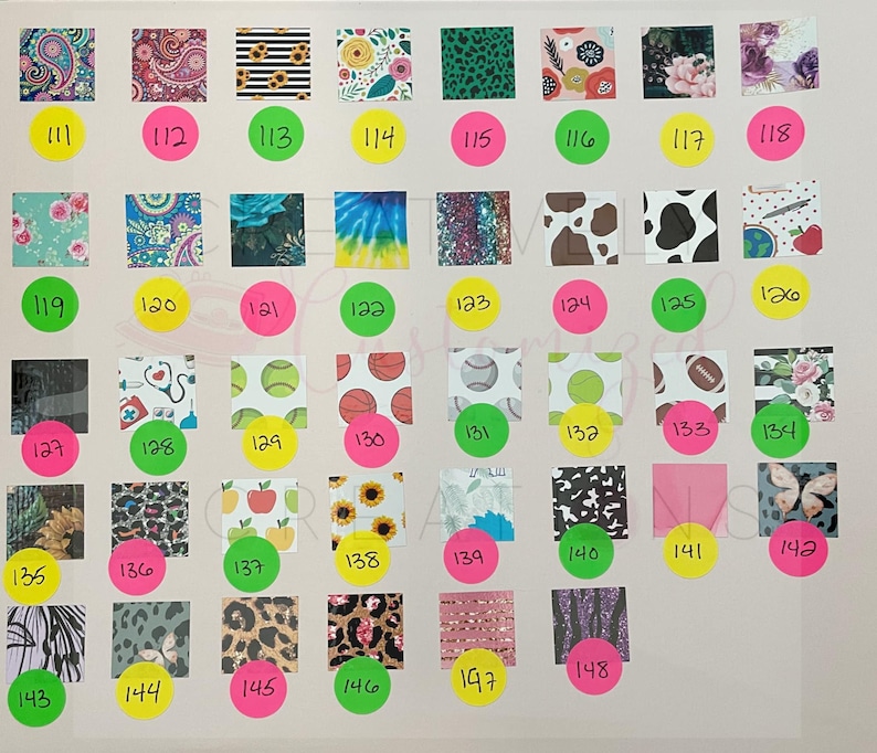 May include: A grid of 48 colorful squares, each with a different pattern. The squares are numbered from 111 to 148. The patterns include floral, geometric, animal print, and abstract designs.