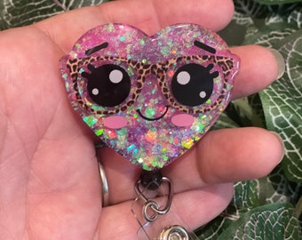 Heart with Glasses Badge Reel, Valentine's Day Badge Reel, RN ID Holder, ID Holder Cute, Badge Holder Cute, Gift for Nurse, Medical Tag