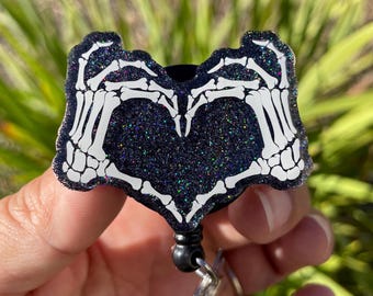 Glow in the Dark Skeleton, Heart Hands, Glow in the Dark Badge, Skeleton Hands Badge Reel, Gothic Gifts for Women, Emo Gifts for Boyfriend