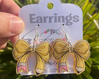 Pencil Bow Earrings, Teacher Pencil Earrings, Teacher Appreciation Gift from Students, Cute Bow Earrings, Acrylic Bow Earrings, Teacher Gift