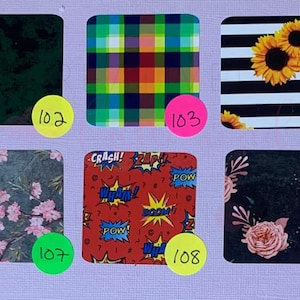 May include: A collection of 10 different fabric swatches with various patterns, including stripes, plaid, floral, and animal prints. The swatches are numbered 101 through 110.