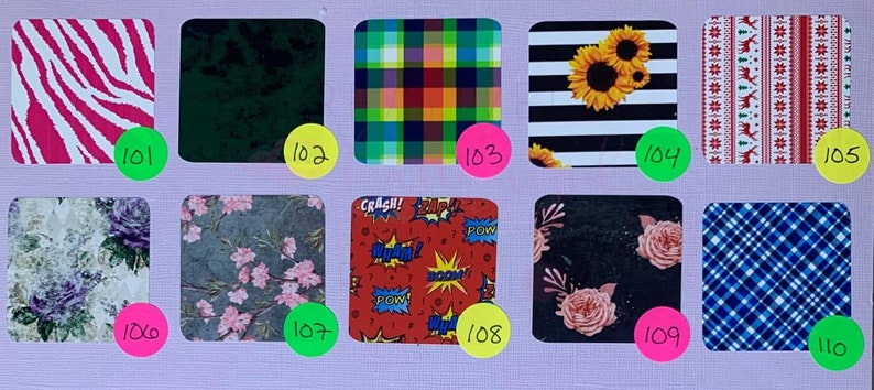 May include: A collection of 10 different fabric swatches with various patterns, including stripes, plaid, floral, and animal prints. The swatches are numbered 101 through 110.