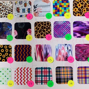 May include: A chart with 20 different patterned squares. The squares are numbered 1 through 20. The patterns include animal print, geometric patterns, and abstract designs.