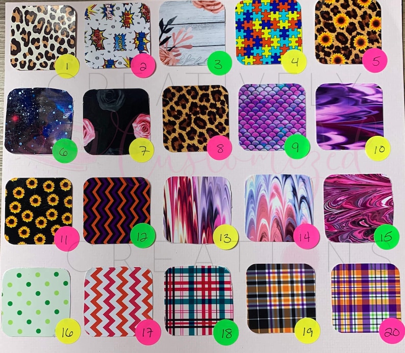 May include: A chart with 20 different patterned squares. The squares are numbered 1 through 20. The patterns include animal print, geometric patterns, and abstract designs.