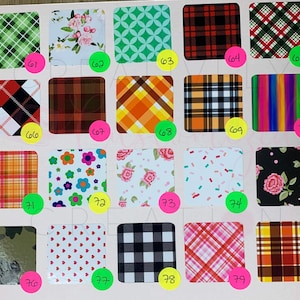 May include: A chart with 80 different patterned squares. The squares are arranged in a grid of 10 rows and 8 columns. Each square has a different pattern, including plaid, polka dots, floral, and geometric designs. The squares are numbered from 61 to 80.