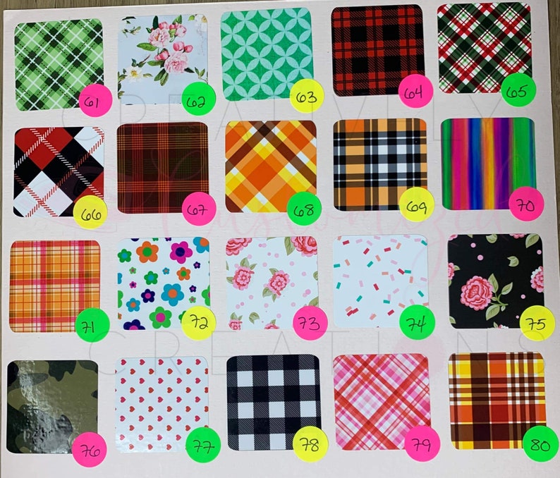 May include: A chart with 80 different patterned squares. The squares are arranged in a grid of 10 rows and 8 columns. Each square has a different pattern, including plaid, polka dots, floral, and geometric designs. The squares are numbered from 61 to 80.