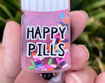 Happy Pills Badge Reel, Medical Shaker Badge Reel, Pharmacist Gift, Mental Health Worker Gifts, Psychiatrist Gift, Nurse Funny Gift, ID Tag
