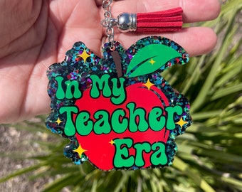 In My Teacher Era Apple Keychain, Handmade Acrylic Keychain with Tassel