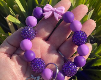 Purple Beaded Wristlet Keychain with Bow and Sparkle Beads