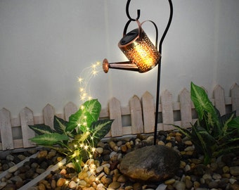 enchanted watering can, solar light, outdoor lighting, yard art, garden art, ornament lamp, led lights, metal art, metal sculpture