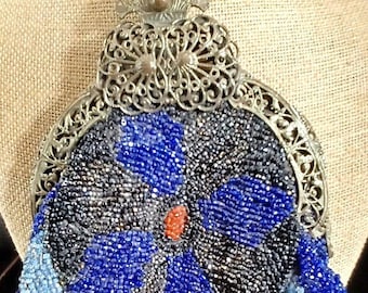 Victorian Hand Beaded Wristlet Bag With Blue Glass Beads And Ornate Filigree Brass Frame #474