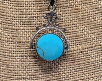 Sterling Silver Spinner Necklace With Turquoise And Black Onyx On Silver Chain #940