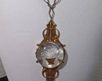 Early Art Nouveau Glass Pendant Necklace With Reverse Gold Painted Basket Of Flowers And Original Diamond Chain #214