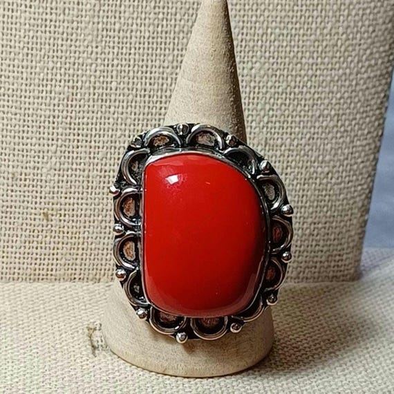 Red Coral Stone Bezel Set And Centered In A Scall… - image 1