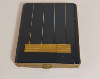 Art Deco Small Black Enamel and Goldtone Brass Powder Compact Signed Pinaud. #459