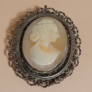 May include: A silver cameo brooch with a delicate filigree design. The cameo features a white shell carving of a woman's profile.