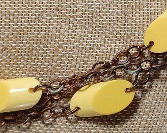 Butter-Yellow Bakelite Beads On a Very Long Goldtone Chain Linked Necklace  #399
