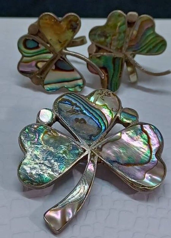 Vintage Abalone 3 Leaf Clover Silver Brooch With M