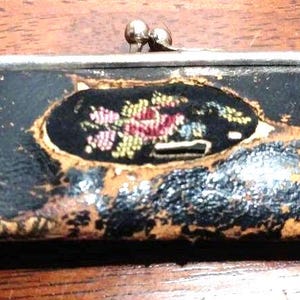 Vintage German manicure set in its original leather case with embroidered embellishments on front. #209