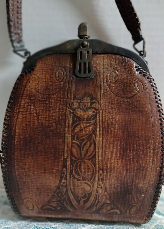 Antique Hand Tooled Leather Arts and Crafts Handba