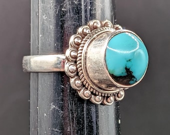 Vintage Blue Turquoise Stone Ring With A Tall Bezel Setting. #986