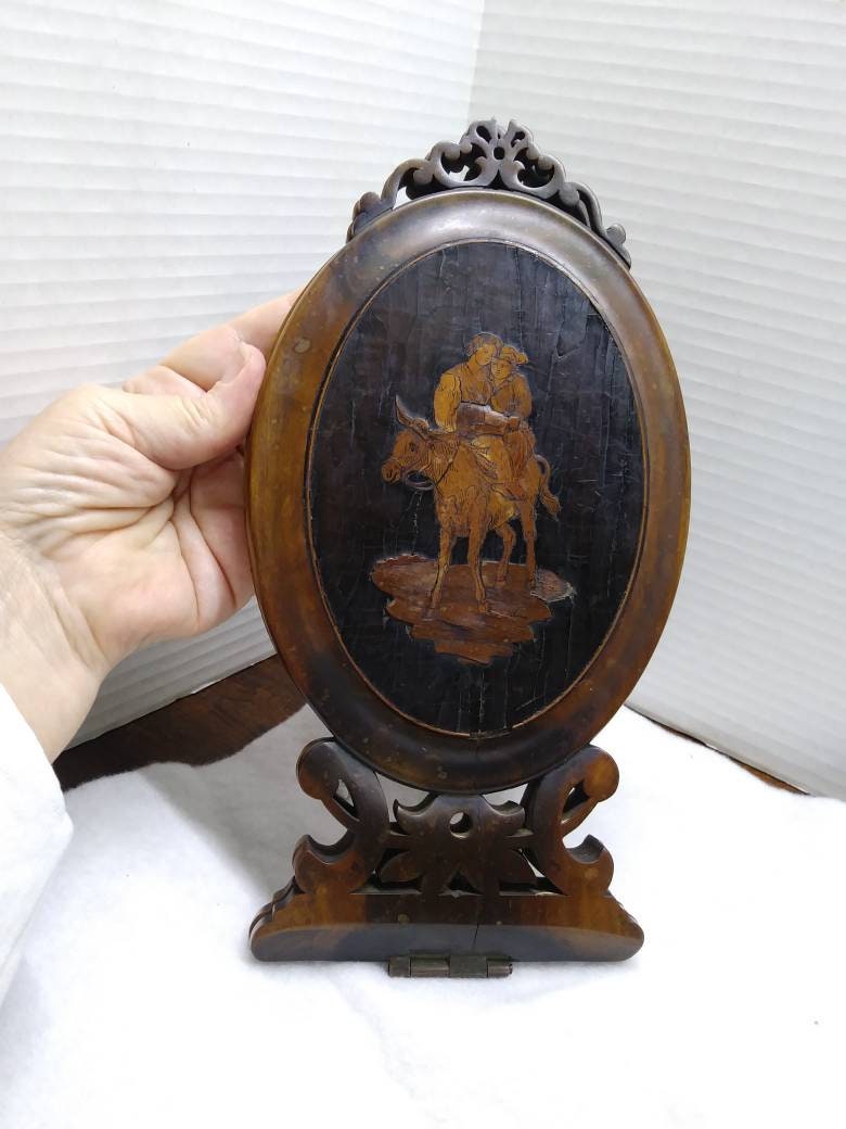 Antique Oval Carved Wood Folding Mirror With Inlay. | Etsy