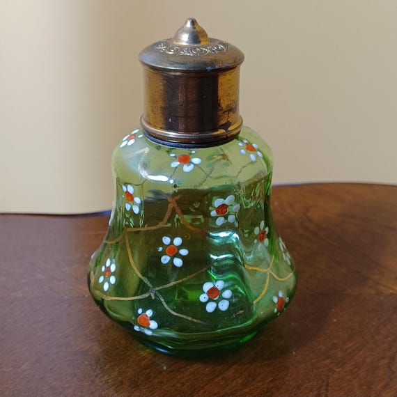 French Antique Eau De Toilette Water Green Glass Purfume Bottle With White Enamel Painted Flowers That Glow Under Black Light #702
