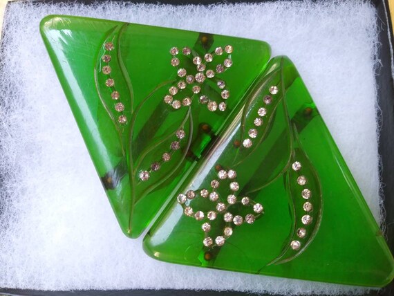 Bakelite Green and Rhinestone Vintage Belt Buckle… - image 2