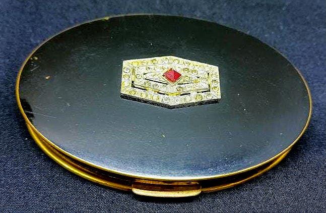Art Deco Black Enamel And Brass Compact With Paste Rhinestones And A Red Center Stone #167
