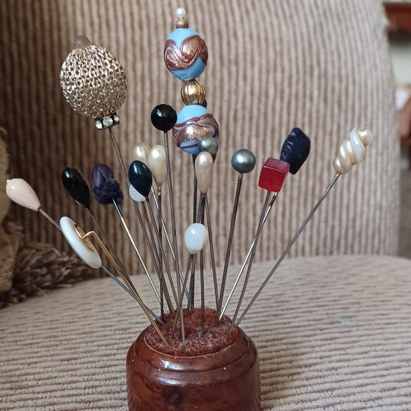 Vintage Hatpin or Pin Cushion With A Variety of Collectable Hatpins and Other Collectible Pins. #307